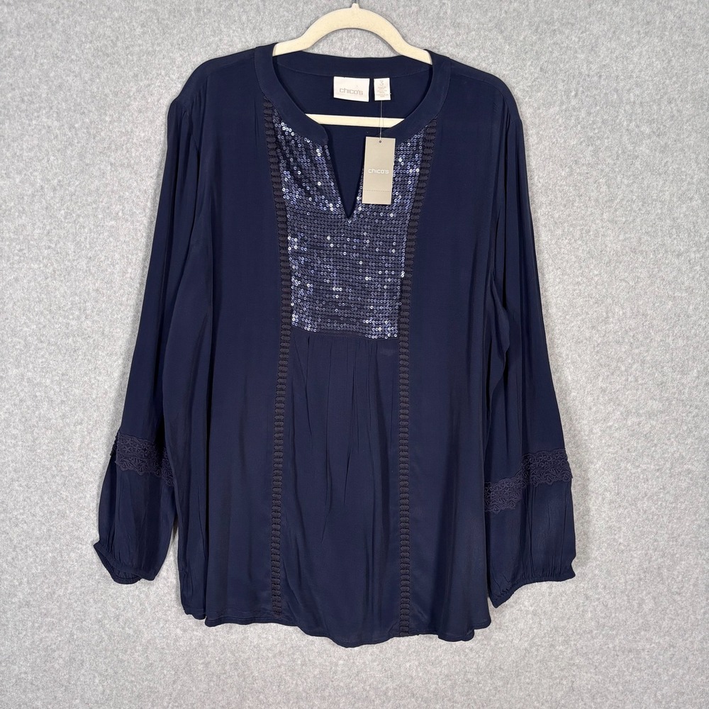 NEW $99 Chicos Embellished Tunic XL‎ Navy Sequin Shiny Crochet Peasant Popover